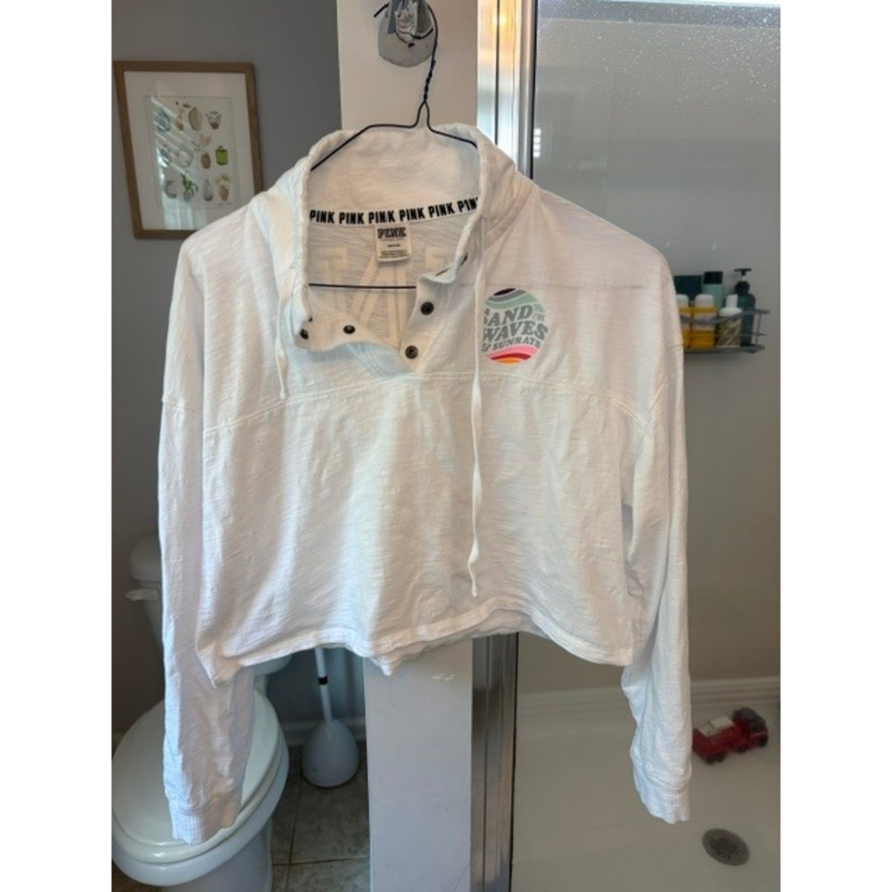 PINK Victoria' Secret White Cropped Snap Neck Pullover Sand Waves Sunrays M